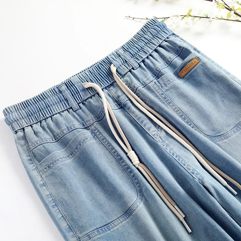 Pantalone in denim a gamba larga retrò con vita elastica